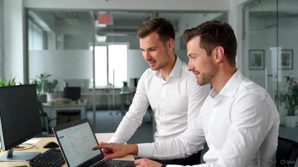 Consultant and client reviewing a plan for the installation of a vending machine